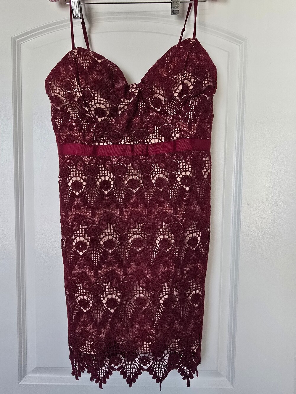 Just Me Burgundy Lace Midi Dress with Satin Waistband
